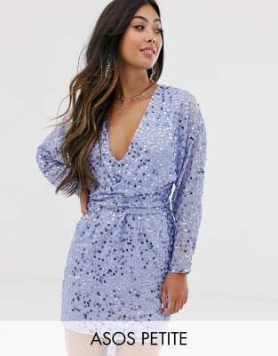asos petite scatter batwing sequin waist wrap sleeve mini dress