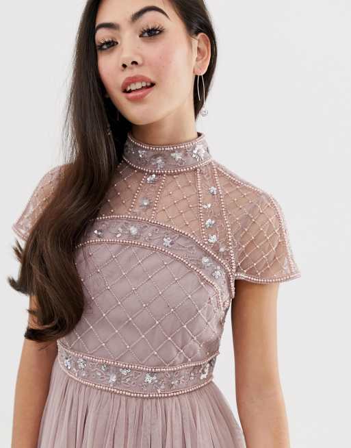 Asos high neck embellished crop top tulle midi clearance dress