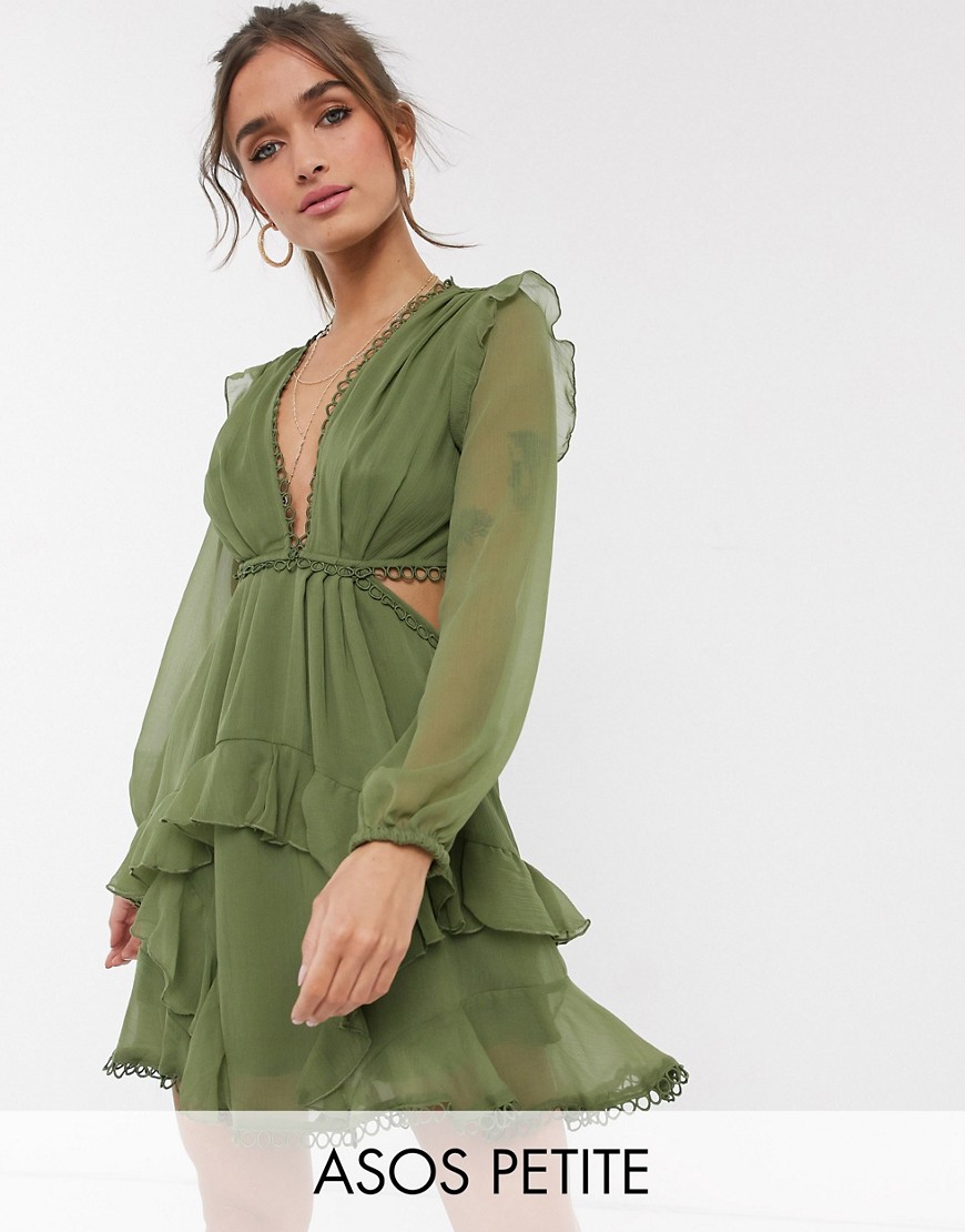ASOS DESIGN Petite mini dress with long sleeve and circle trim in khaki-Green