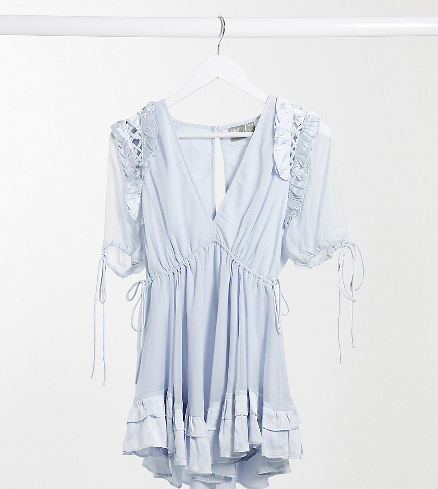 Product photo of Asos design petite mini dress with satin trim ruffle and tie in detail in soft blue