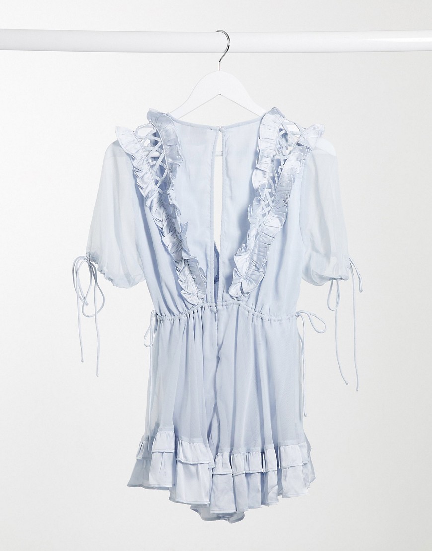 Alternative product photo of Asos design petite mini dress with satin trim ruffle and tie in detail in soft blue