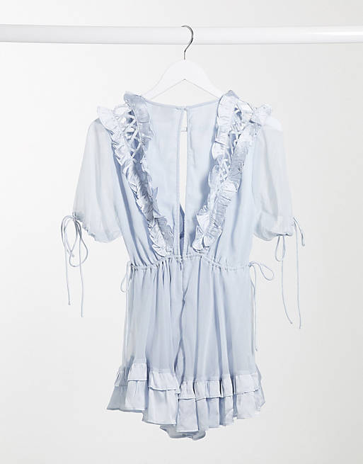 Women Petite mini dress with satin trim ruffle and tie in detail in soft blue 