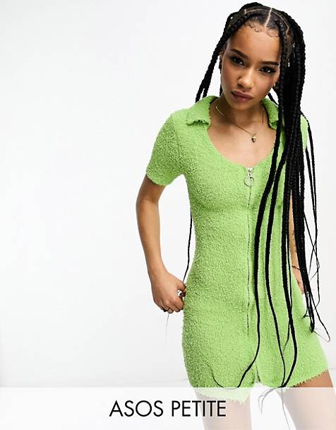 ASOS DESIGN Petite mini dress with zip detail in textured yarn in lime