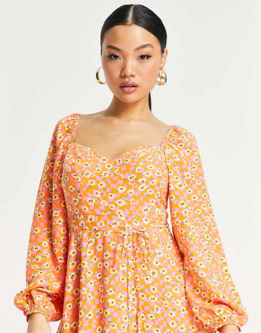 ASOS DESIGN Petite – Mini-Freizeitkleid mit Körbchen in Rosa kariert mit Blumenmuster, 2 von 4