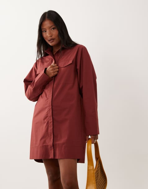 ASOS DESIGN Petite – Mini-Hemdkleid aus Popeline in Burgunderrot mit breiten Manschetten und Oversize-Taschen - view 1