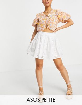 ASOS DESIGN Petite mini pleated tennis skirt in broderie in white - ASOS Price Checker