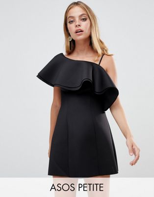 ASOS Design - Petite - Mini-jurk met A-lijn, ontblote schouder en ruches-Zwart