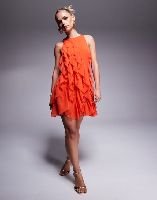 ASOS DESIGN Petite - Mini jurk met asymmetrische hals en ruches in rood, 4 van 4