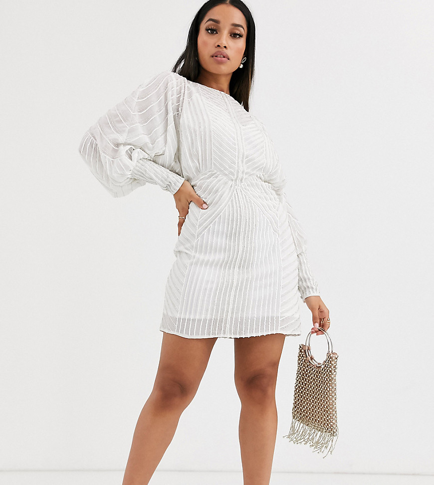 ASOS DESIGN - Petite - Mini-jurk met blousonmouwen en versiering-Wit