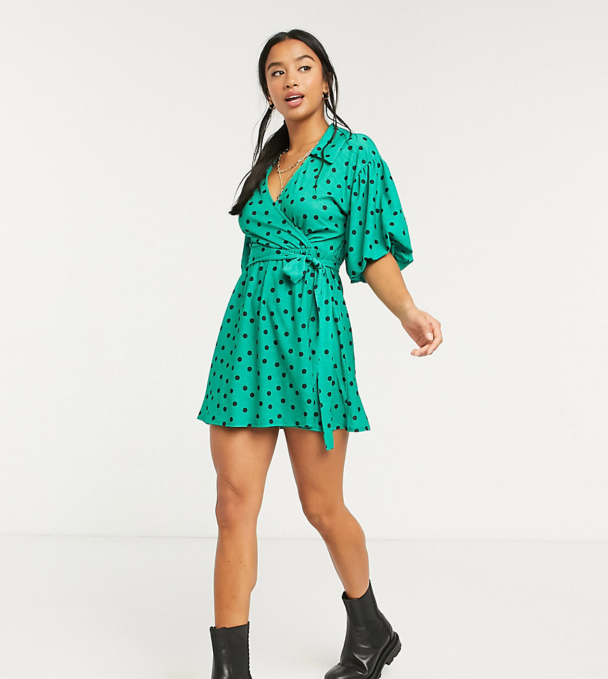 ASOS DESIGN Petite - Mini-jurk met kraagdetail, pofmouwen en stippenprint in groen