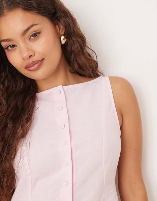 ASOS DESIGN Petite - Mini-jurk met rechte hals, verlaagde taille en knopen in roze, 3 van 4