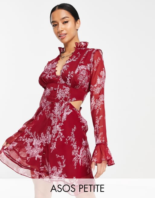 ASOS DESIGN Petite - Mini-jurk met ruches, knopen en print