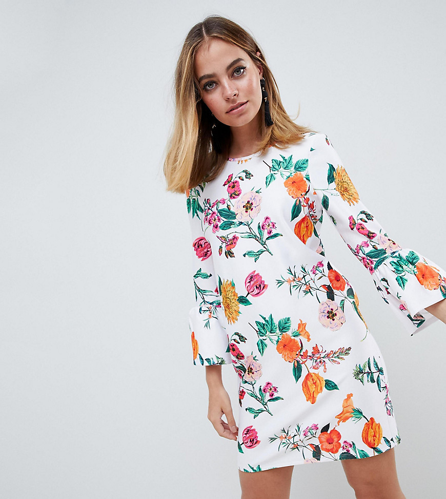 ASOS DESIGN - Petite - Mini-jurk met uitlopende mouwen en botanische print-Multi