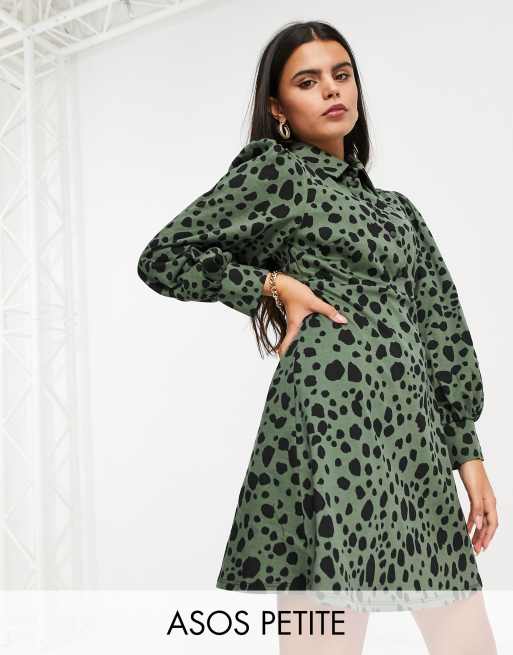 ASOS DESIGN - Petite - Mini-overhemdjurk in kaki en zwarte luipaardprint