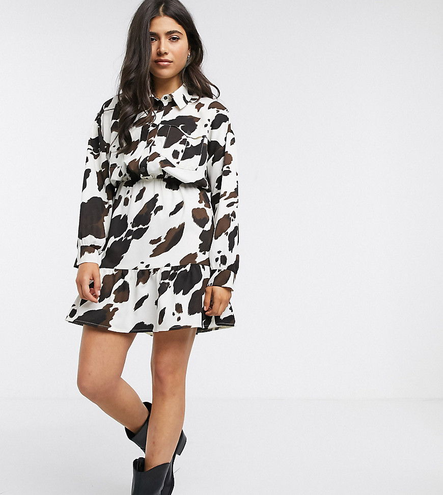 ASOS DESIGN Petite mini shirt dress in cow print-Multi