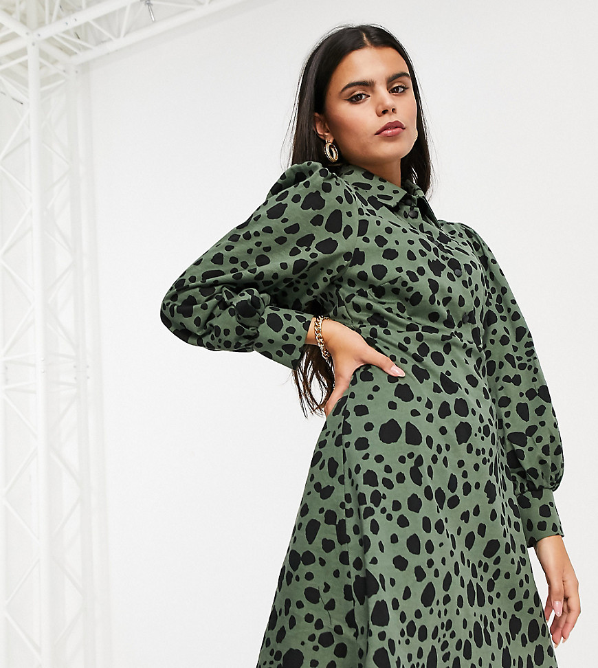 ASOS DESIGN Petite mini shirt dress in khaki and black leopard print-Multi