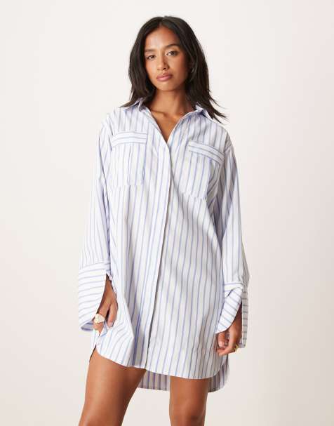 ASOS DESIGN Petite mini shirt dress with wide cuffs and oversized pockets in blue stripe - view 1