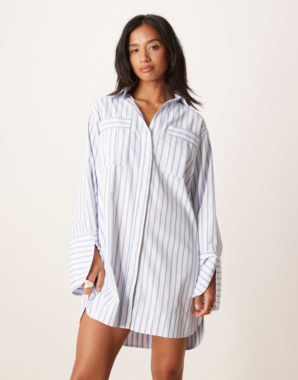 ASOS DESIGN Petite mini shirt dress with wide cuffs and oversized pockets in blue stripe