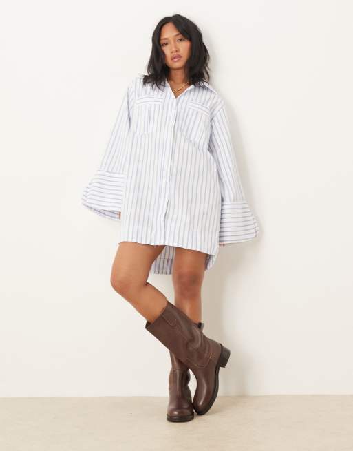 ASOS DESIGN Petite mini shirt dress with wide cuffs and oversized pockets in blue stripe
