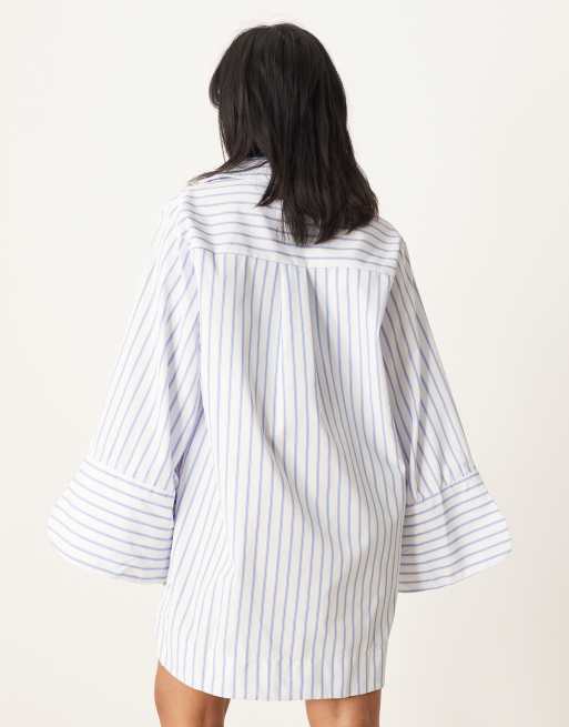 ASOS DESIGN Petite mini shirt dress with wide cuffs and oversized pockets in blue stripe