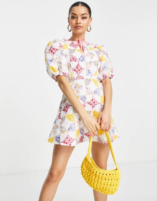 petite skater dress with sleeves ASOS DESIGN Petite mini skater dress with puff sleeves in pink patchwork  floral