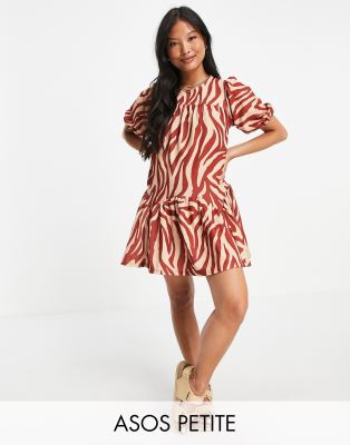 ASOS DESIGN Petite mini smock dress in rust zebra print-Red