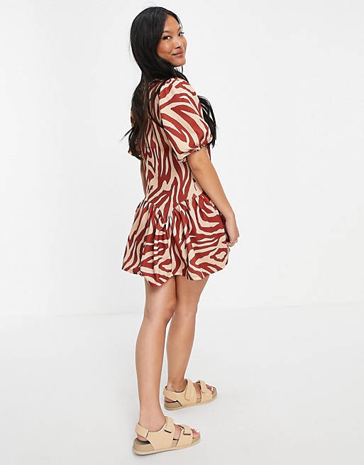 Women Petite mini smock dress in rust zebra print 