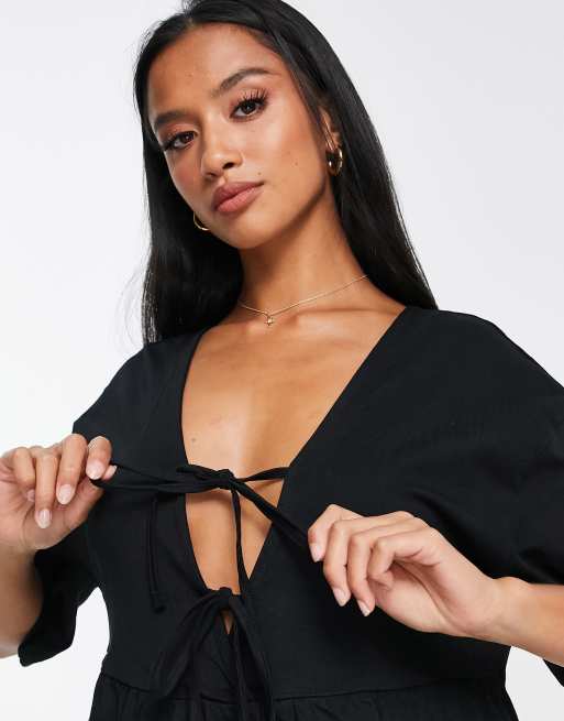 ASOS DESIGN Petite mini smock dress with double tie detail in black, 3 of 4