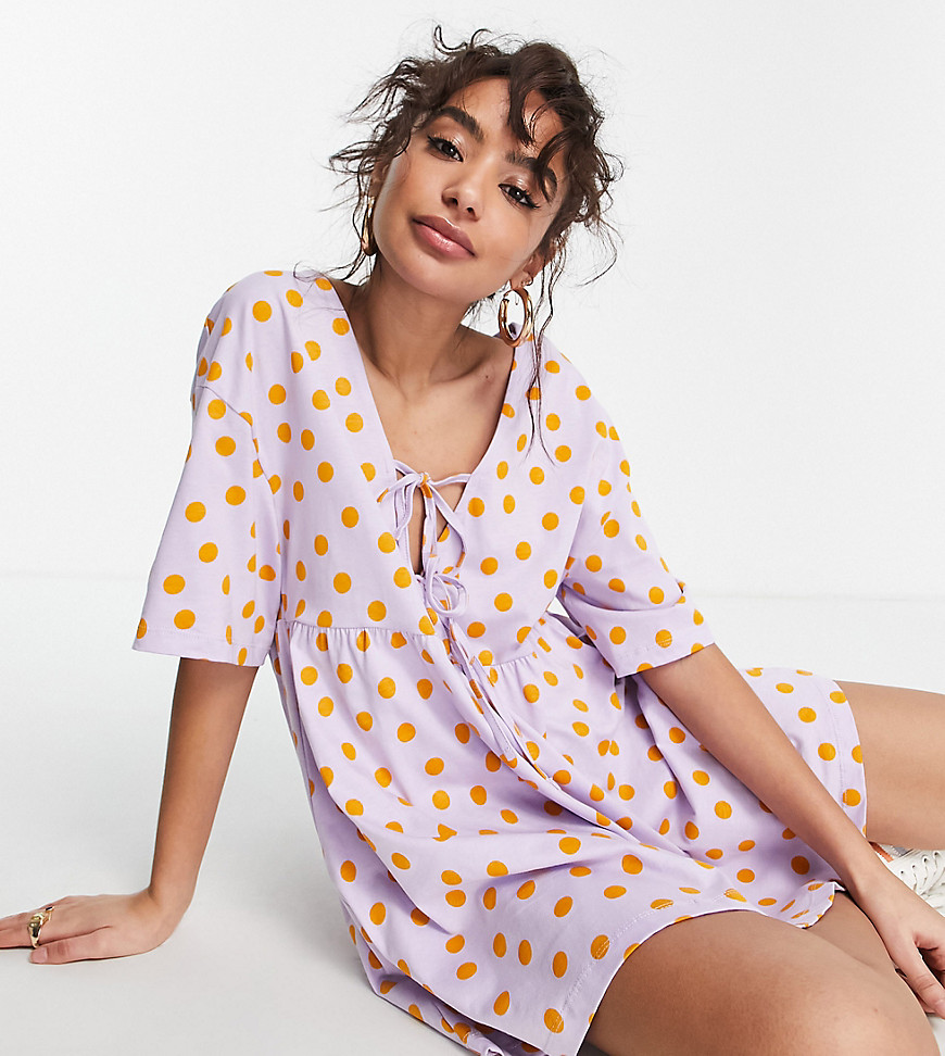 Asos Design Petite Mini Smock Dress With Double Tie Detail In Lilac And Orange Spot-Multi