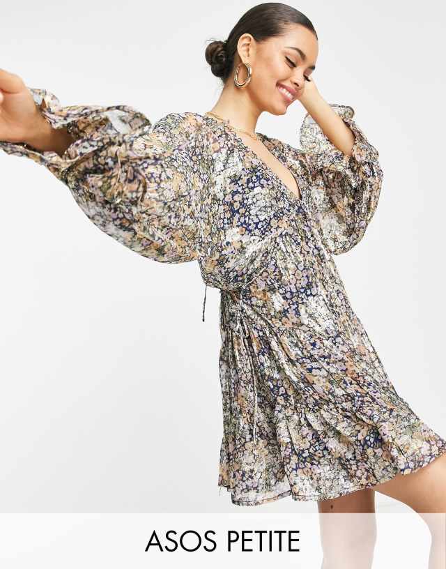 ASOS DESIGN Petite mini smock dress with tie waist in ditsy printed jacquard chiffon