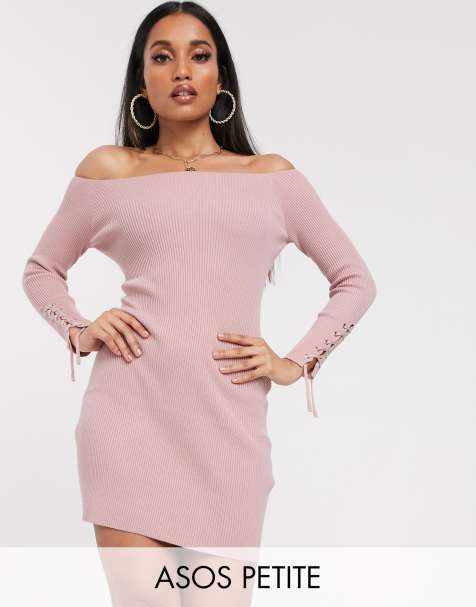 ASOS DESIGN Petite – Mini-Strickkleid mit Carmen-Ausschnitt und geschnürten Bündchen