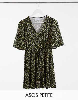 ASOS DESIGN Petite mini swing dress in black and yellow floral print