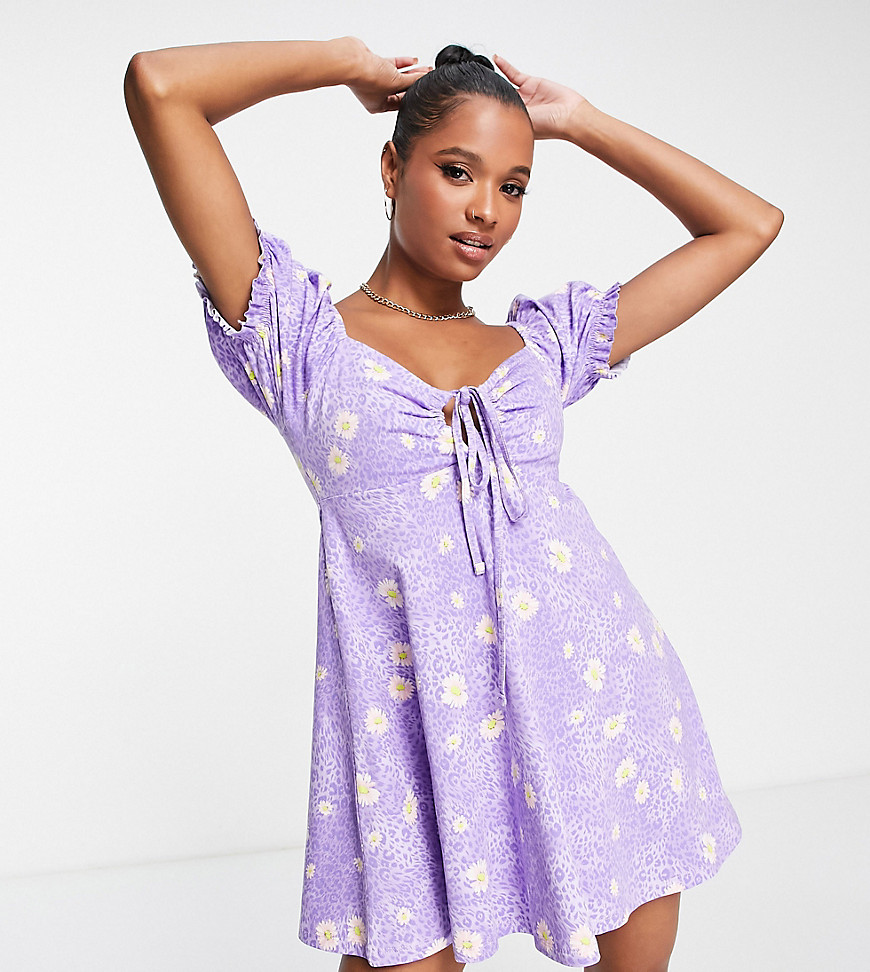 Asos Petite Asos Design Petite Mini Tea Dress In Purple Leopard And Daisy Print-multi
