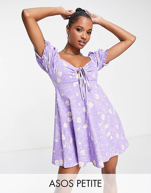 ASOS DESIGN Petite mini tea dress in purple leopard and daisy print
