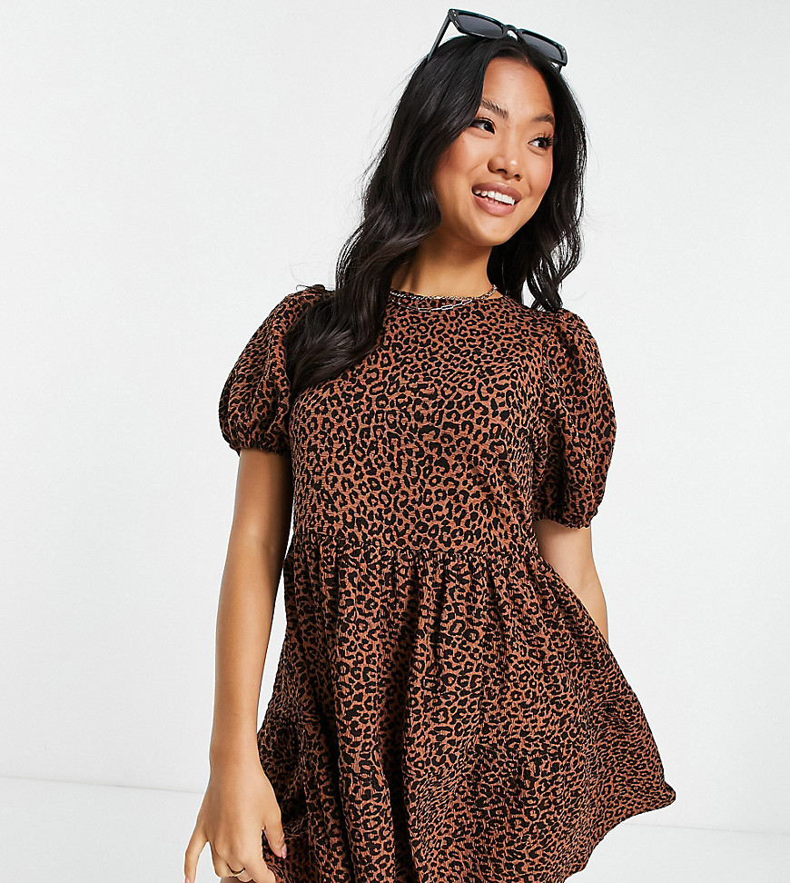 Asos Design Petite Mini Tiered Smock Dress In Black Brown Leopard Print