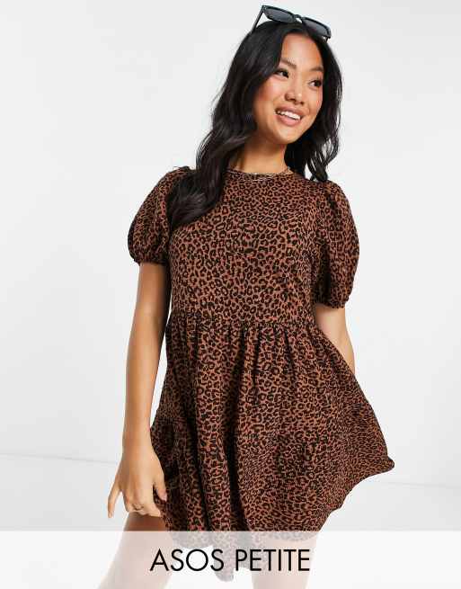 ASOS DESIGN Petite mini tiered smock dress in black brown leopard print