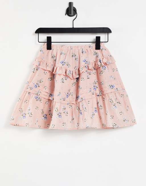 ASOS DESIGN Petite - Minigonna a balze rosa a fiorellini, 2 di 4