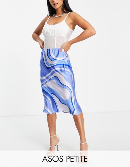 ASOS DESIGN Petite - Minigonna in raso con stampa astratta, colore blu 