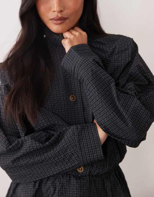 ASOS DESIGN Petite miniklänning med knappar och puffkjol i marinrutig, 3 av 4