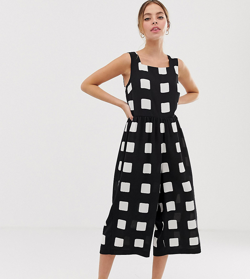 ASOS DESIGN Petite minimal jumpsuit with ruched waist in mono check print-Multi