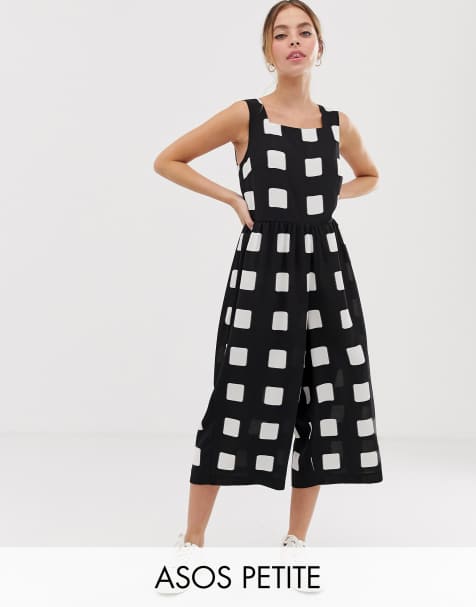 ASOS DESIGN Petite minimal jumpsuit with ruched waist in mono check print