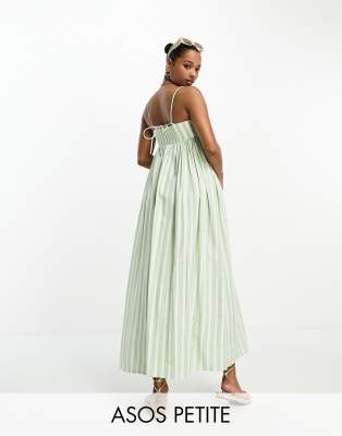 ASOS DESIGN Petite - Mittellanges Babydoll-Sommerkleid aus Baumwolle in gestreiftem Salbeigrün mit plissierter Brustpart...