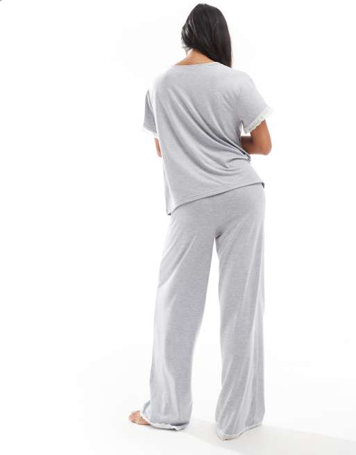 ASOS DESIGN Petite – Mix and Match – Superweiche Pyjama-Hose in meliertem Grau mit Spitzenborte und Print , 2 von 4