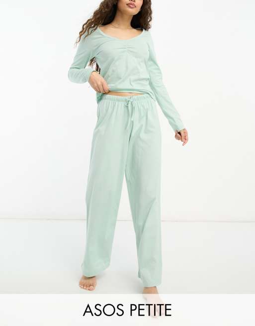 ASOS DESIGN Petite - Mix en match - Katoenen pyjamabroek in saliegroen