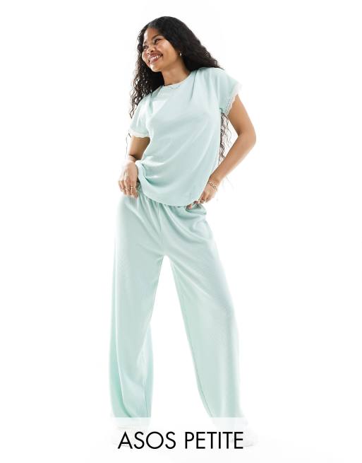 ASOS DESIGN Petite - Mix en match - Pyjamabroek met wafelstructuur en kant in groen