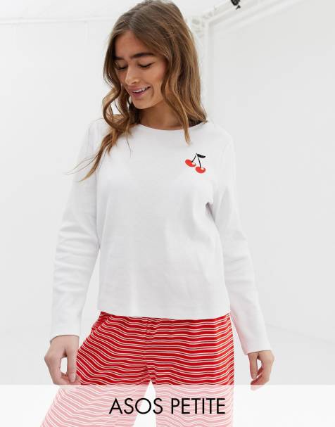 ASOS DESIGN Petite mix & match cherry embroidered pyjama long sleeve top