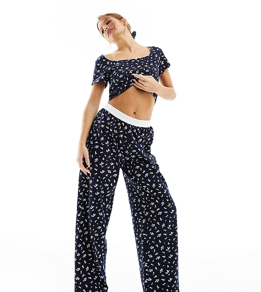 Asos Design Petite Mix & Match Ditsy Print Pajama Pants With Exposed Waistband And Picot Trim In Navy