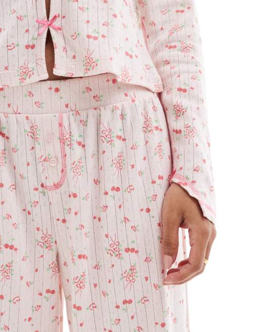ASOS DESIGN Petite mix & match ditsy print pointelle pyjama pants in pink, 3 of 5