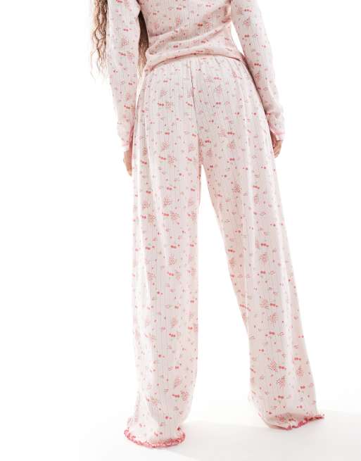 ASOS DESIGN Petite mix & match ditsy print pointelle pyjama trouser in pink, 4 of 5