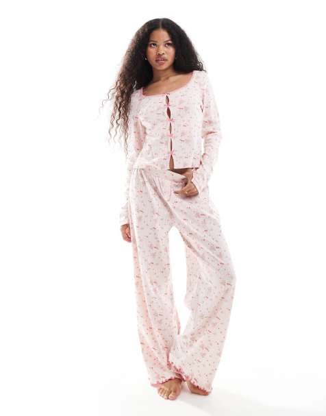 ASOS DESIGN Petite mix & match ditsy print pointelle trouser in pink - view 1